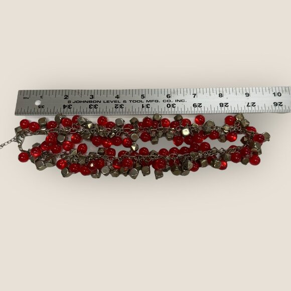 Vintage Red Beaded Statement Necklace With Gold-Tone Chain & Adjustable Clasp - Picture 4 of 6